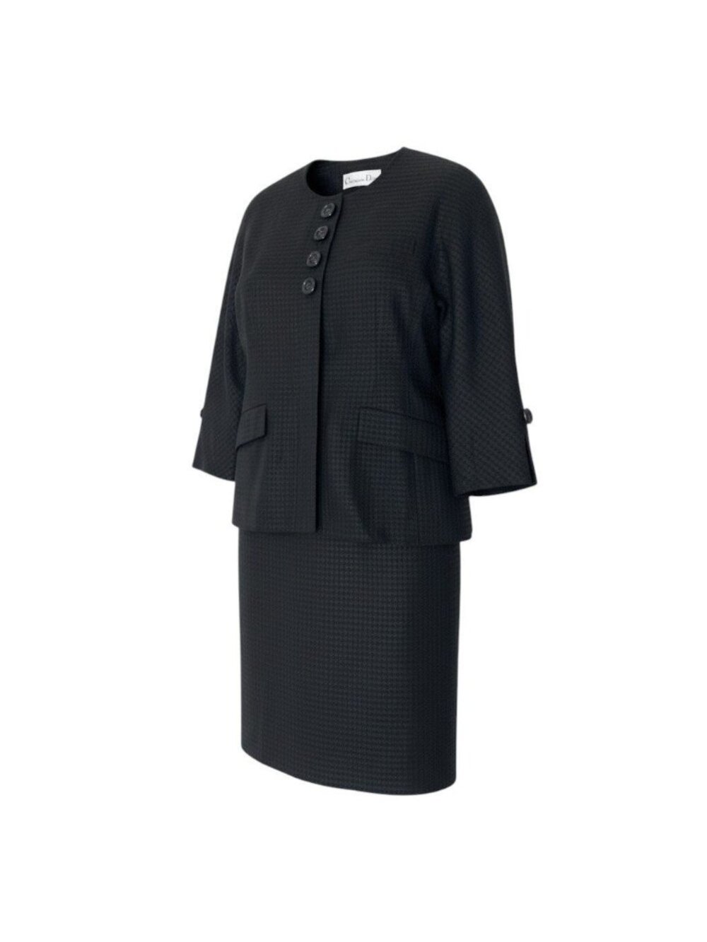 Dior Set Skirt Suit Collarless Jacket Houndstooth Pattern 13 Black
